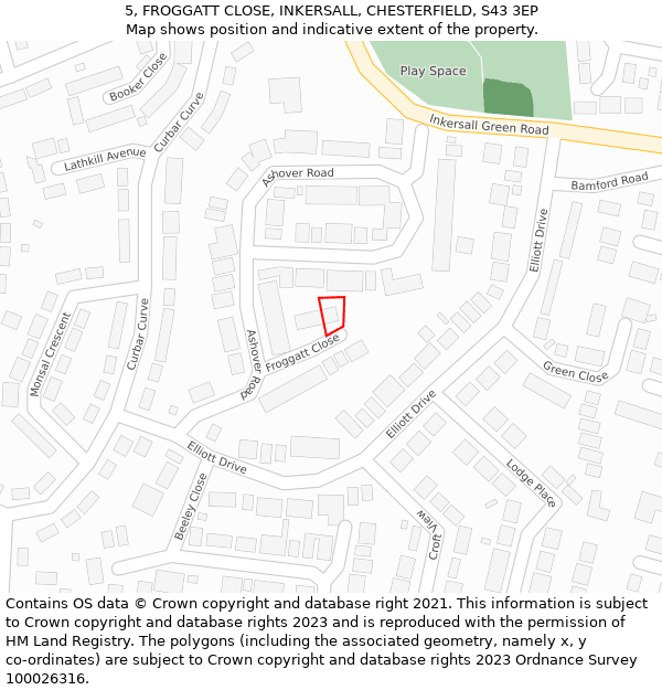 5, FROGGATT CLOSE, INKERSALL, CHESTERFIELD, S43 3EP: Location map and indicative extent of plot