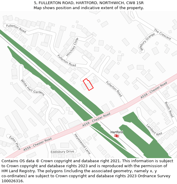 5, FULLERTON ROAD, HARTFORD, NORTHWICH, CW8 1SR: Location map and indicative extent of plot