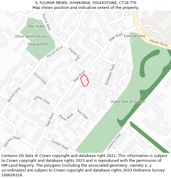 5, FULMAR MEWS, HAWKINGE, FOLKESTONE, CT18 7TE: Location map and indicative extent of plot