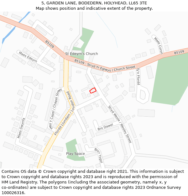 5, GARDEN LANE, BODEDERN, HOLYHEAD, LL65 3TE: Location map and indicative extent of plot