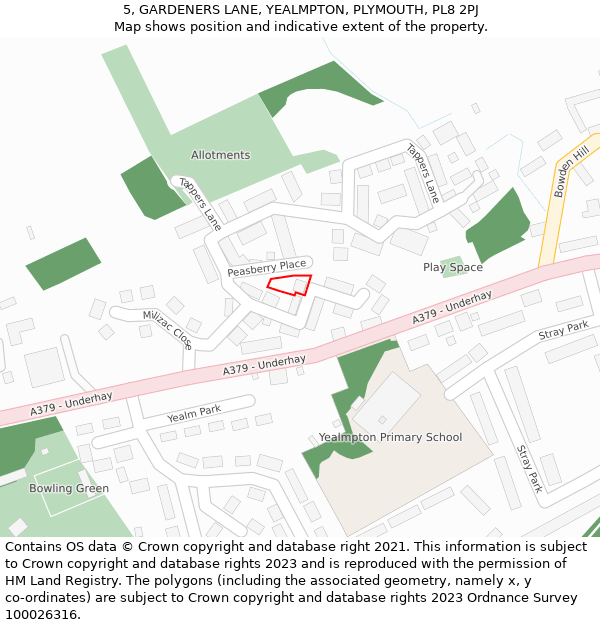 5, GARDENERS LANE, YEALMPTON, PLYMOUTH, PL8 2PJ: Location map and indicative extent of plot