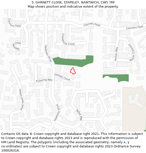 5, GARNETT CLOSE, STAPELEY, NANTWICH, CW5 7RF: Location map and indicative extent of plot