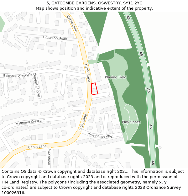 5, GATCOMBE GARDENS, OSWESTRY, SY11 2YG: Location map and indicative extent of plot