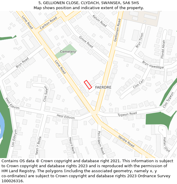 5, GELLIONEN CLOSE, CLYDACH, SWANSEA, SA6 5HS: Location map and indicative extent of plot