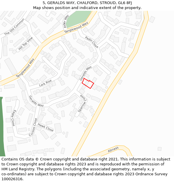 5, GERALDS WAY, CHALFORD, STROUD, GL6 8FJ: Location map and indicative extent of plot