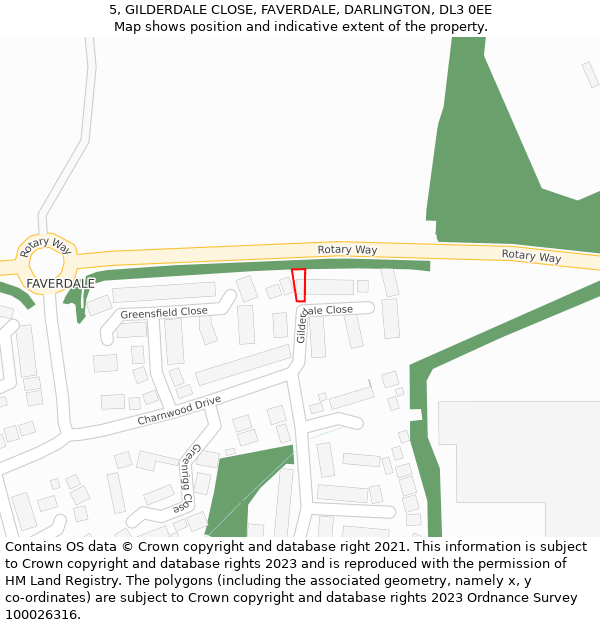 5, GILDERDALE CLOSE, FAVERDALE, DARLINGTON, DL3 0EE: Location map and indicative extent of plot