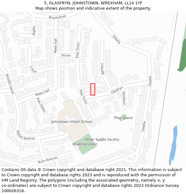 5, GLASFRYN, JOHNSTOWN, WREXHAM, LL14 1YF: Location map and indicative extent of plot