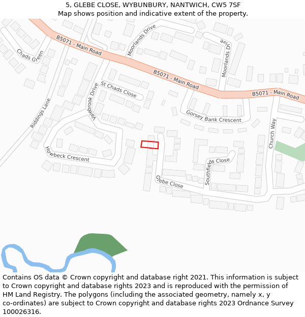 5, GLEBE CLOSE, WYBUNBURY, NANTWICH, CW5 7SF: Location map and indicative extent of plot