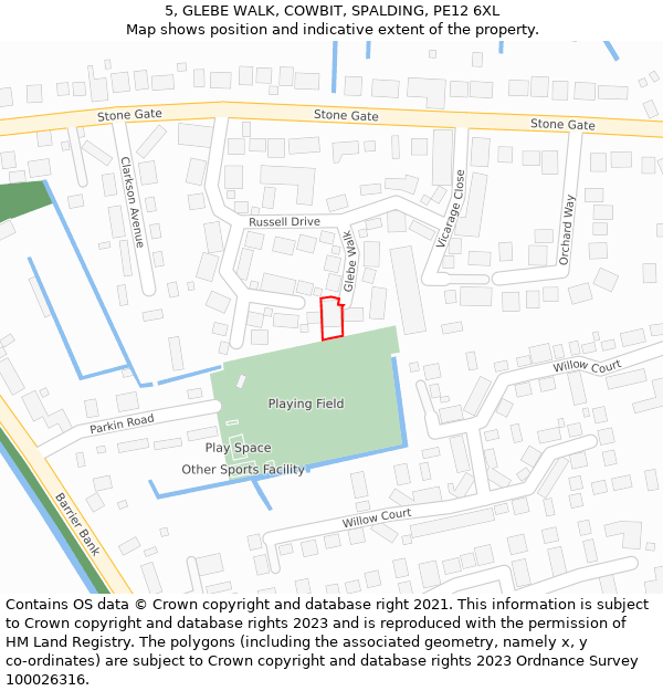 5, GLEBE WALK, COWBIT, SPALDING, PE12 6XL: Location map and indicative extent of plot