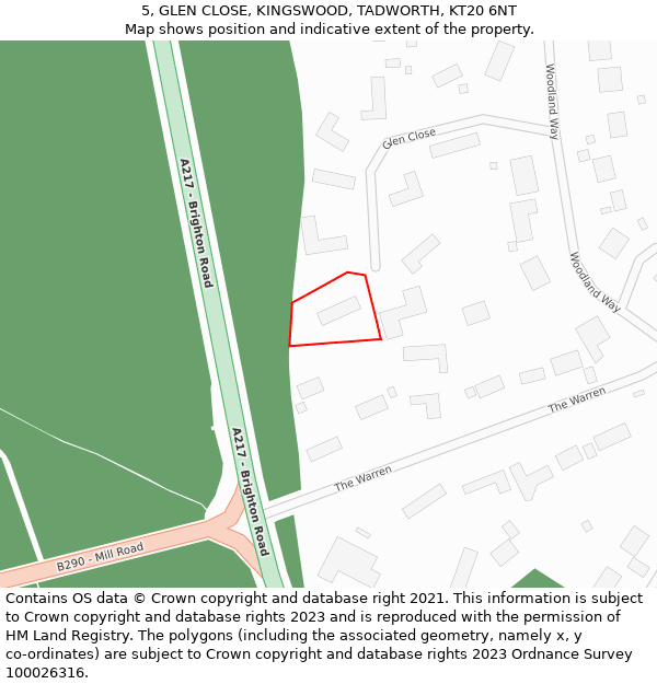 5, GLEN CLOSE, KINGSWOOD, TADWORTH, KT20 6NT: Location map and indicative extent of plot