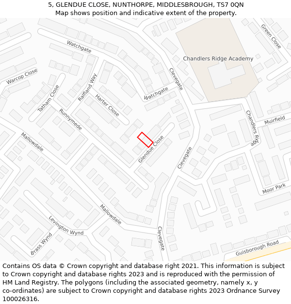 5, GLENDUE CLOSE, NUNTHORPE, MIDDLESBROUGH, TS7 0QN: Location map and indicative extent of plot