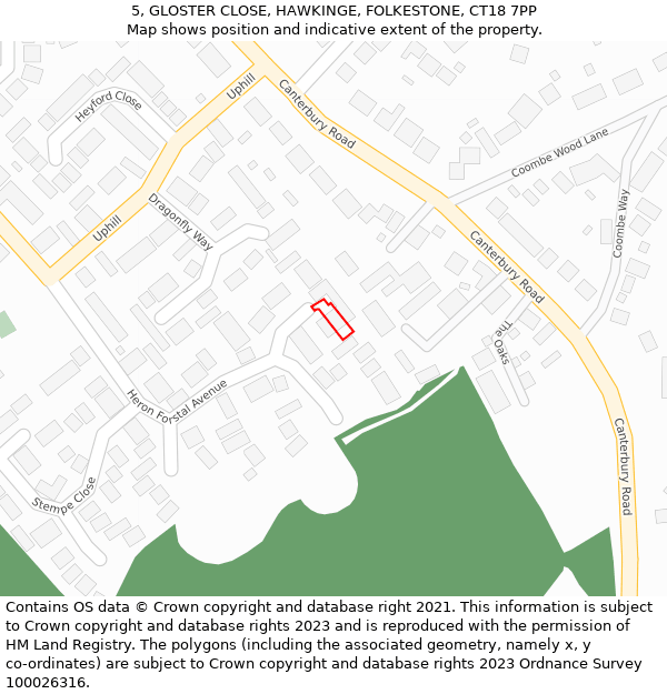 5, GLOSTER CLOSE, HAWKINGE, FOLKESTONE, CT18 7PP: Location map and indicative extent of plot