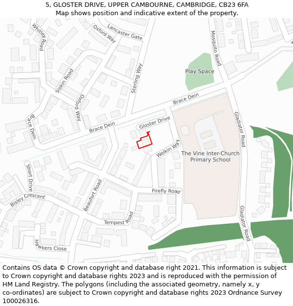 5, GLOSTER DRIVE, UPPER CAMBOURNE, CAMBRIDGE, CB23 6FA: Location map and indicative extent of plot