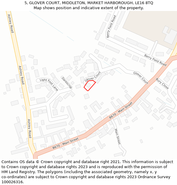 5, GLOVER COURT, MIDDLETON, MARKET HARBOROUGH, LE16 8TQ: Location map and indicative extent of plot