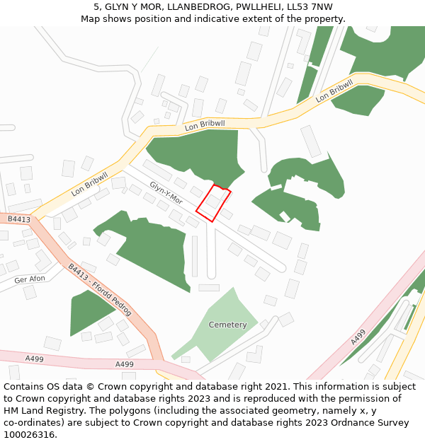 5, GLYN Y MOR, LLANBEDROG, PWLLHELI, LL53 7NW: Location map and indicative extent of plot