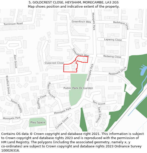 5, GOLDCREST CLOSE, HEYSHAM, MORECAMBE, LA3 2GS: Location map and indicative extent of plot