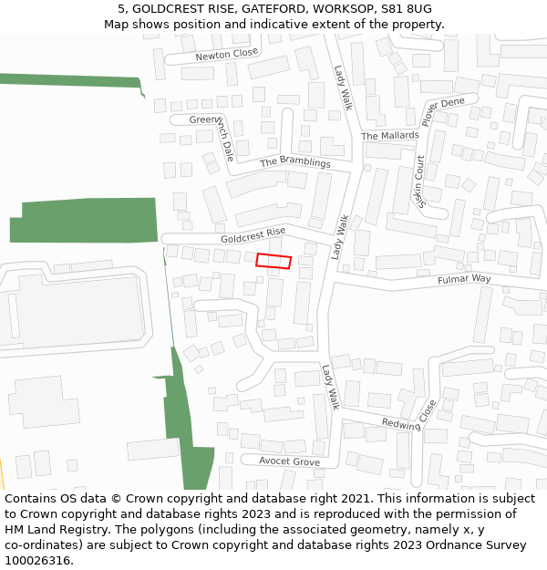 5, GOLDCREST RISE, GATEFORD, WORKSOP, S81 8UG: Location map and indicative extent of plot