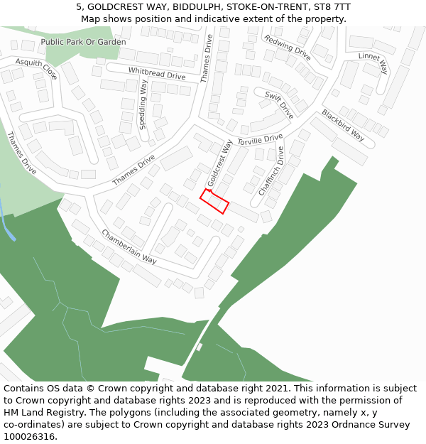 5, GOLDCREST WAY, BIDDULPH, STOKE-ON-TRENT, ST8 7TT: Location map and indicative extent of plot