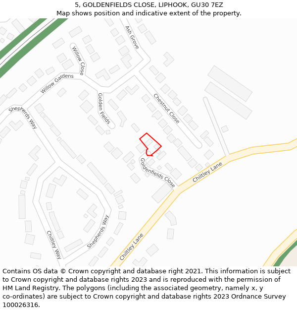 5, GOLDENFIELDS CLOSE, LIPHOOK, GU30 7EZ: Location map and indicative extent of plot