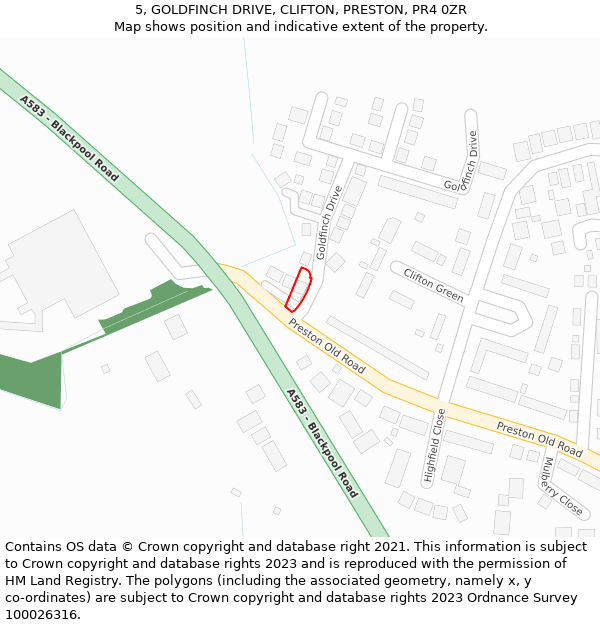 5, GOLDFINCH DRIVE, CLIFTON, PRESTON, PR4 0ZR: Location map and indicative extent of plot