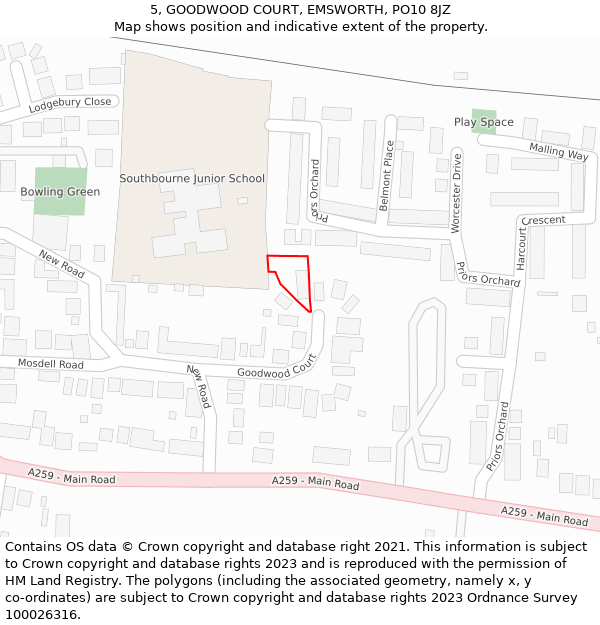 5, GOODWOOD COURT, EMSWORTH, PO10 8JZ: Location map and indicative extent of plot