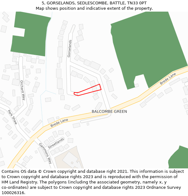 5, GORSELANDS, SEDLESCOMBE, BATTLE, TN33 0PT: Location map and indicative extent of plot