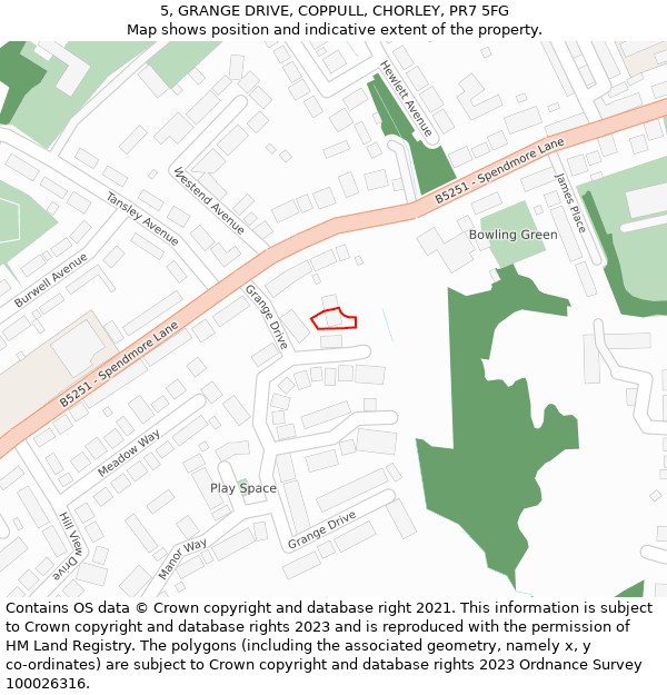 5, GRANGE DRIVE, COPPULL, CHORLEY, PR7 5FG: Location map and indicative extent of plot