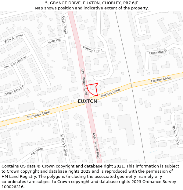 5, GRANGE DRIVE, EUXTON, CHORLEY, PR7 6JE: Location map and indicative extent of plot