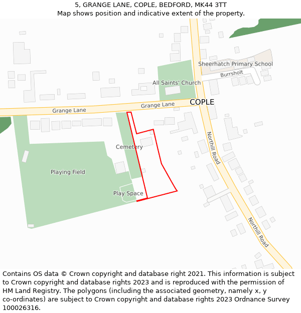 5, GRANGE LANE, COPLE, BEDFORD, MK44 3TT: Location map and indicative extent of plot