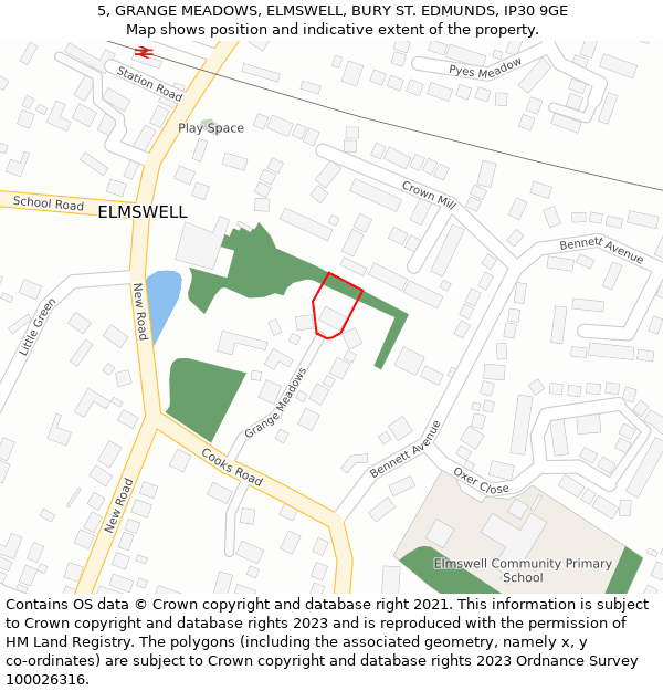 5, GRANGE MEADOWS, ELMSWELL, BURY ST. EDMUNDS, IP30 9GE: Location map and indicative extent of plot