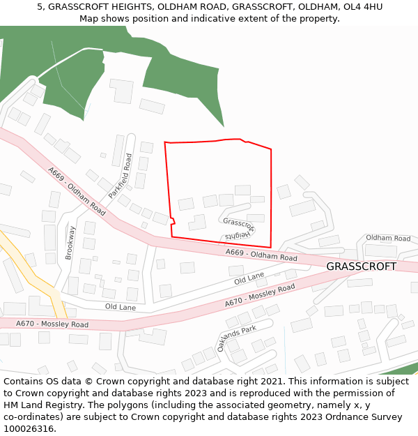 5, GRASSCROFT HEIGHTS, OLDHAM ROAD, GRASSCROFT, OLDHAM, OL4 4HU: Location map and indicative extent of plot