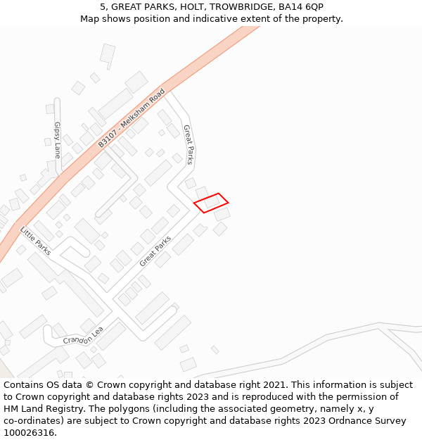 5, GREAT PARKS, HOLT, TROWBRIDGE, BA14 6QP: Location map and indicative extent of plot