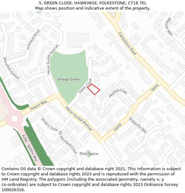 5, GREEN CLOSE, HAWKINGE, FOLKESTONE, CT18 7EL: Location map and indicative extent of plot