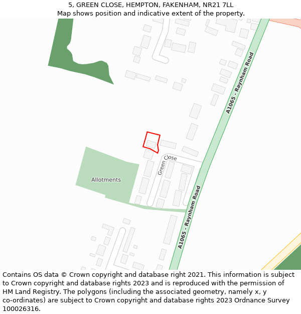 5, GREEN CLOSE, HEMPTON, FAKENHAM, NR21 7LL: Location map and indicative extent of plot