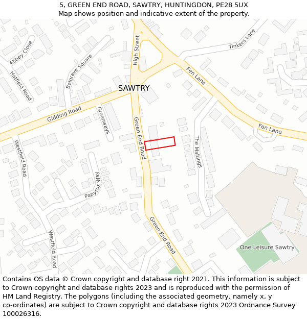 5, GREEN END ROAD, SAWTRY, HUNTINGDON, PE28 5UX: Location map and indicative extent of plot