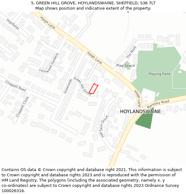 5, GREEN HILL GROVE, HOYLANDSWAINE, SHEFFIELD, S36 7LT: Location map and indicative extent of plot