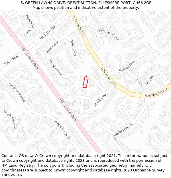 5, GREEN LAWNS DRIVE, GREAT SUTTON, ELLESMERE PORT, CH66 2GF: Location map and indicative extent of plot