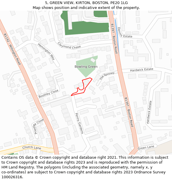 5, GREEN VIEW, KIRTON, BOSTON, PE20 1LG: Location map and indicative extent of plot