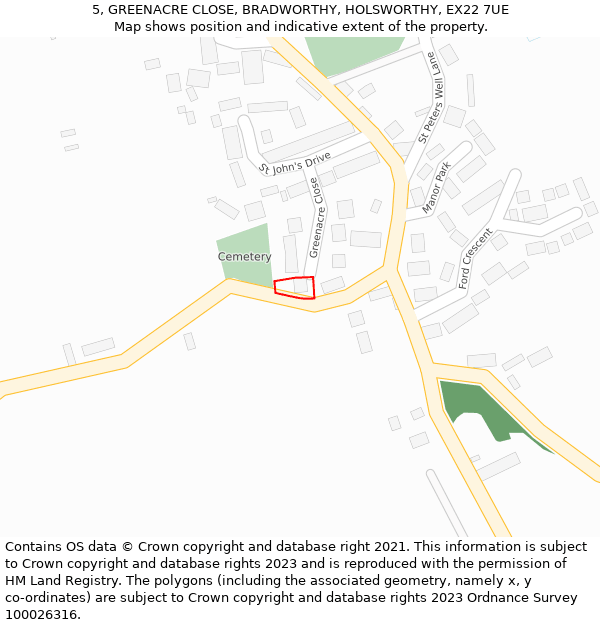 5, GREENACRE CLOSE, BRADWORTHY, HOLSWORTHY, EX22 7UE: Location map and indicative extent of plot