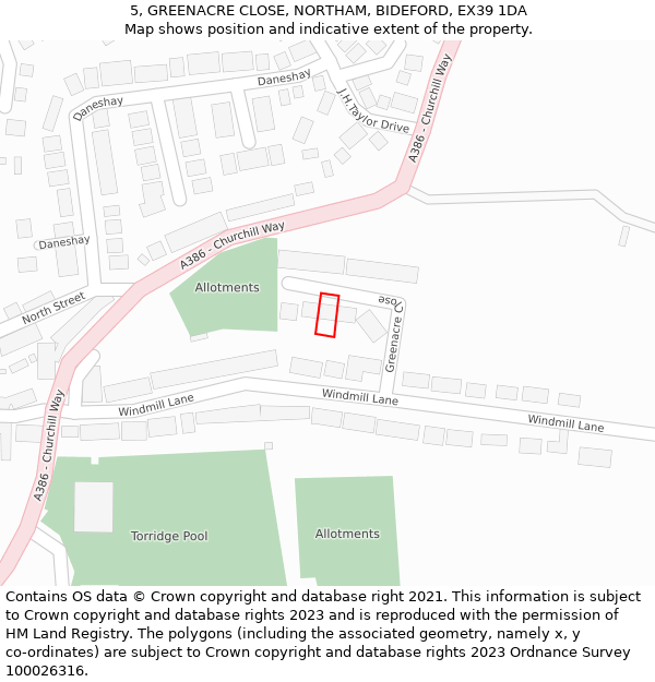 5, GREENACRE CLOSE, NORTHAM, BIDEFORD, EX39 1DA: Location map and indicative extent of plot