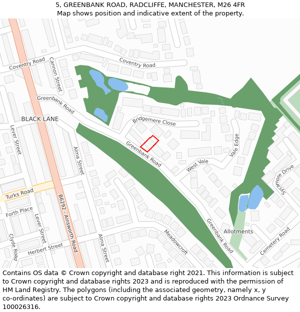 5, GREENBANK ROAD, RADCLIFFE, MANCHESTER, M26 4FR: Location map and indicative extent of plot