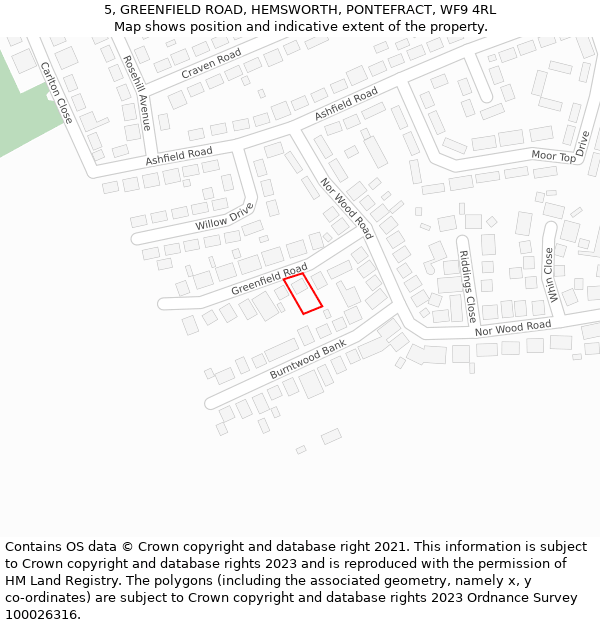 5, GREENFIELD ROAD, HEMSWORTH, PONTEFRACT, WF9 4RL: Location map and indicative extent of plot