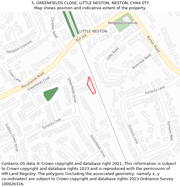 5, GREENFIELDS CLOSE, LITTLE NESTON, NESTON, CH64 0TY: Location map and indicative extent of plot