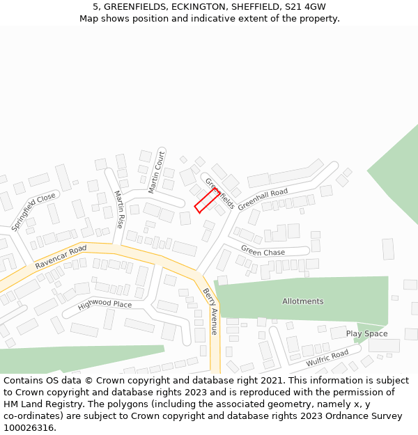 5, GREENFIELDS, ECKINGTON, SHEFFIELD, S21 4GW: Location map and indicative extent of plot