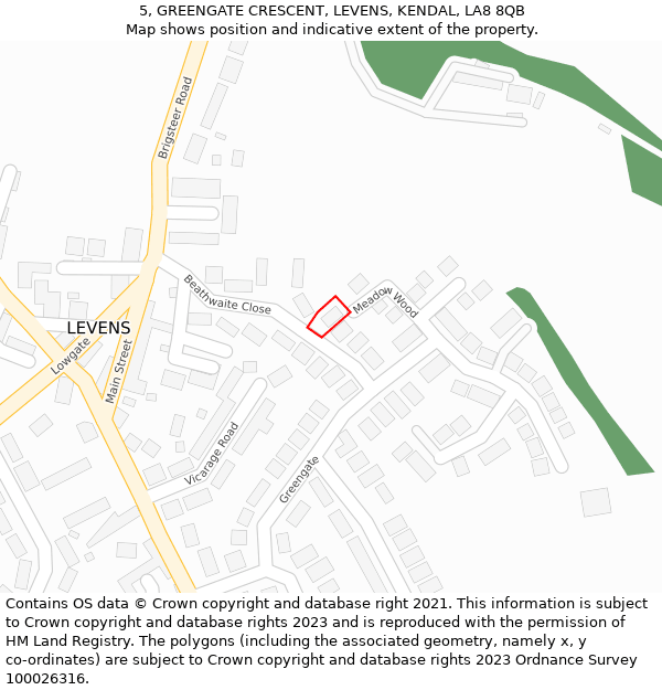 5, GREENGATE CRESCENT, LEVENS, KENDAL, LA8 8QB: Location map and indicative extent of plot