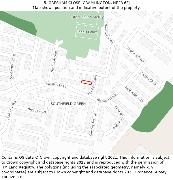 5, GRESHAM CLOSE, CRAMLINGTON, NE23 6EJ: Location map and indicative extent of plot