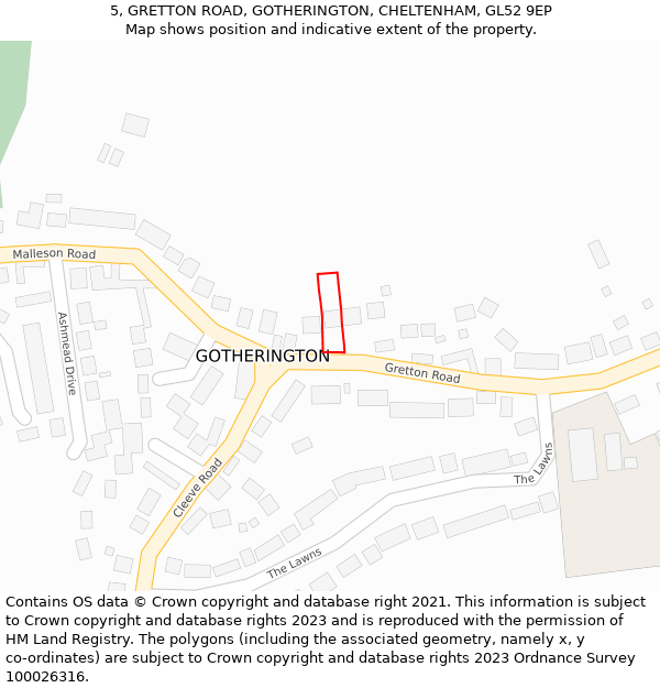 5, GRETTON ROAD, GOTHERINGTON, CHELTENHAM, GL52 9EP: Location map and indicative extent of plot