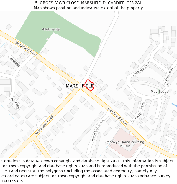 5, GROES FAWR CLOSE, MARSHFIELD, CARDIFF, CF3 2AH: Location map and indicative extent of plot