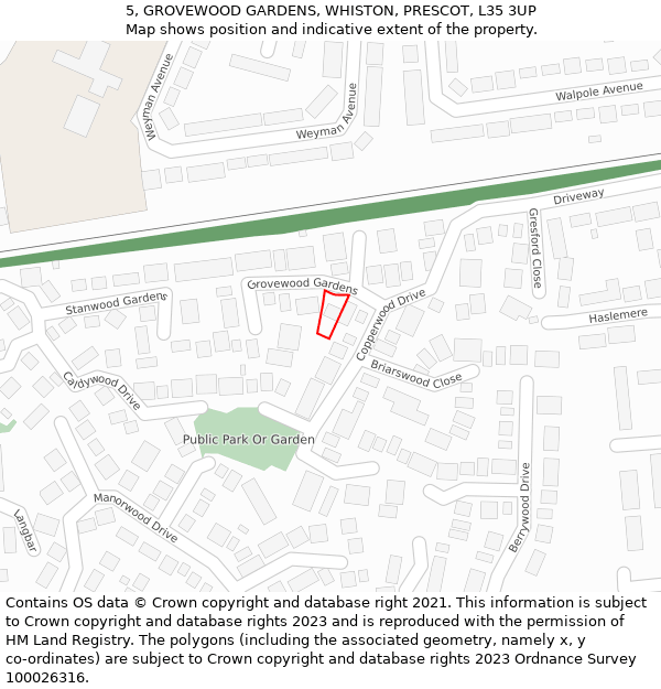 5, GROVEWOOD GARDENS, WHISTON, PRESCOT, L35 3UP: Location map and indicative extent of plot