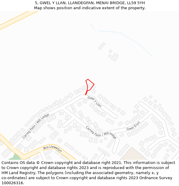 5, GWEL Y LLAN, LLANDEGFAN, MENAI BRIDGE, LL59 5YH: Location map and indicative extent of plot